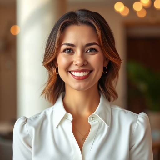 Portrait d'Isabelle Moreau, formatrice en communication interpersonnelle, souriante et portant un chemisier blanc.